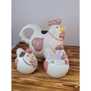 Vintage Chicken Pitcher Sugar Creamer Set Pink Highlights White Ceramic Set Of 3